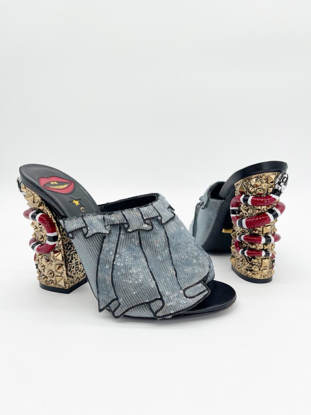 Gucci S/S 2016 Runway Blue Sequin Trompe L'Oeil Kingsnake Mule Sandals IT 38